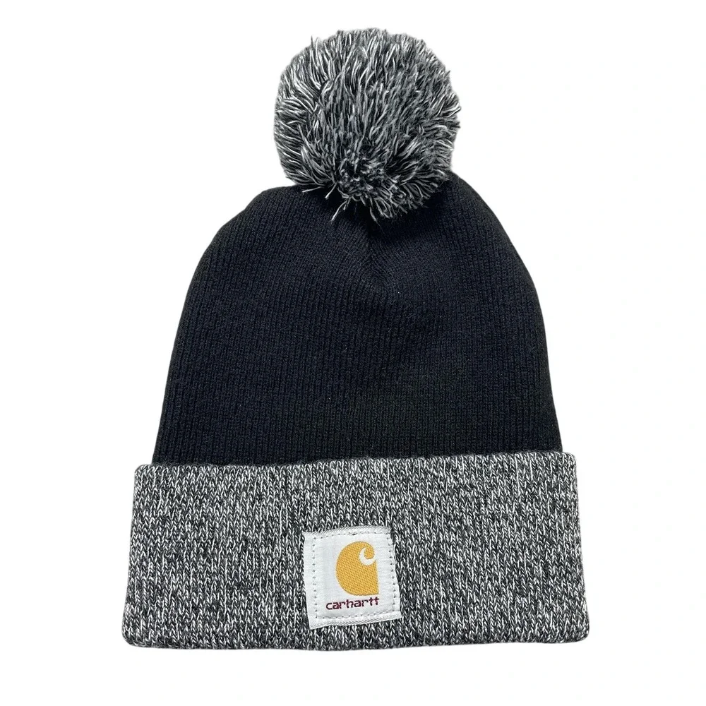Carhartt Hat Beanie One Size Mens Black Gray Pom Knit Made‎ USA Winter Outdoor